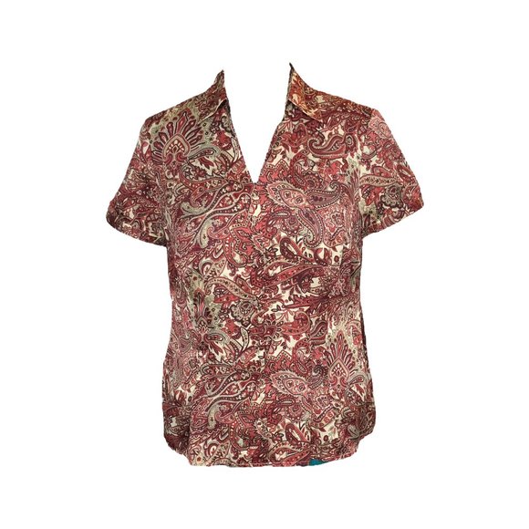 LOFT Tops - Ann Taylor Loft Burgundy Paisley Short Sleeve Front Button Up Blouse